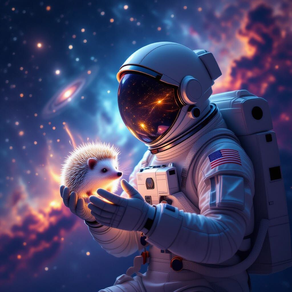 Astronaut Holds Crystalline Hedgehog in Nebula