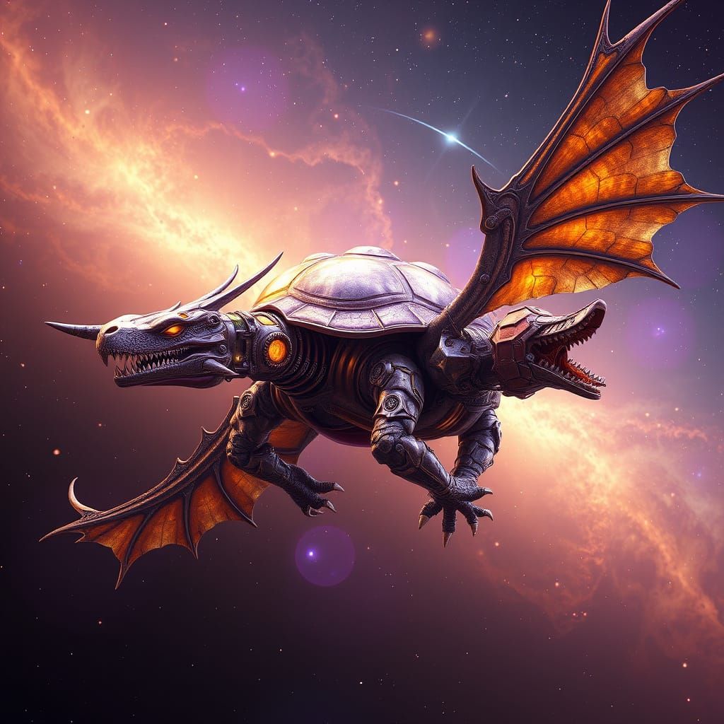 Cyberpunk Dragon Soars Through Cosmic Nebula