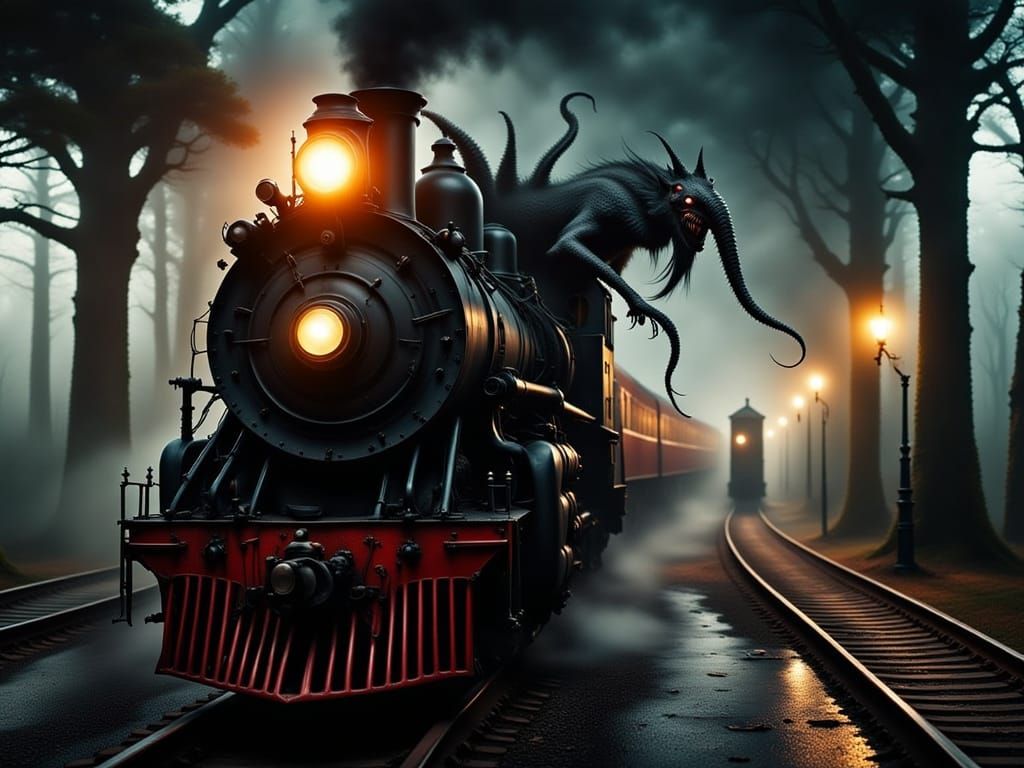 Steampunk Demon Repairs Train at Station