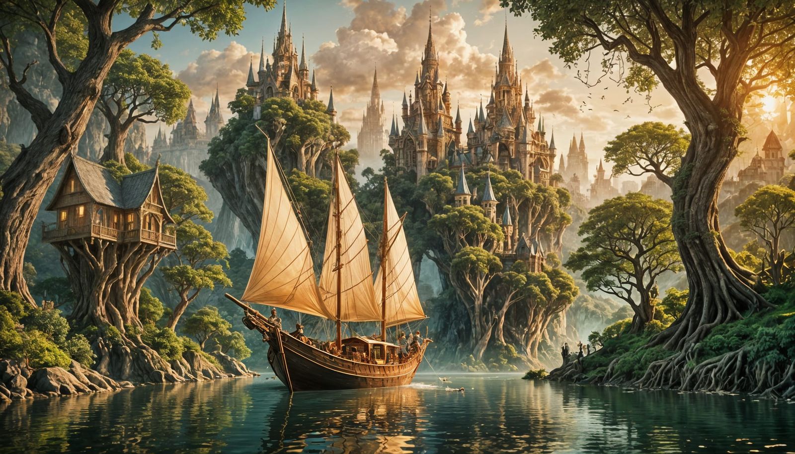Elven Boat on Riverbank with Towering Treehouses