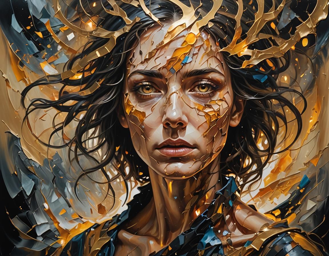 Fractured Mind in Swirling Darkness: Surreal Oil Painting