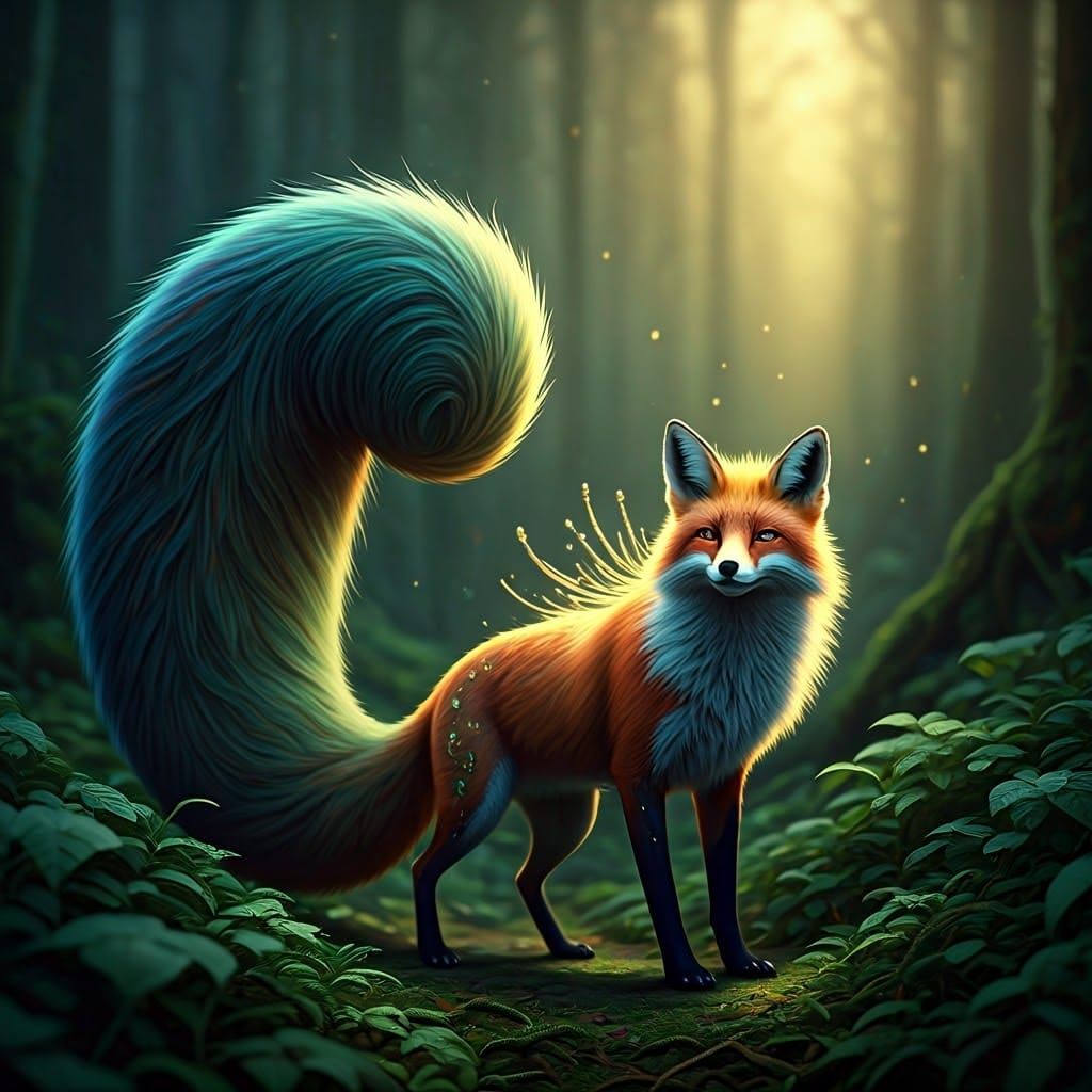 Surreal Fantasy Fox in Enchanted Forest Scene