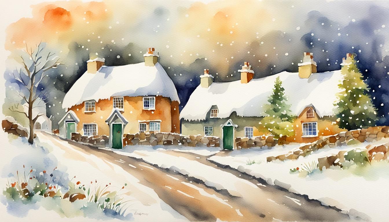 Christmas in Old Irish Countryside: Watercolor Scene