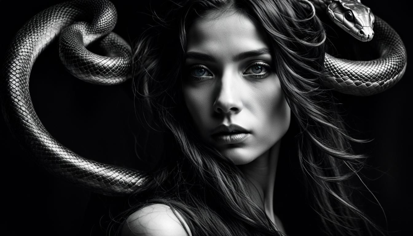 Mesmerizing Snake-Woman Portrait in Black and White