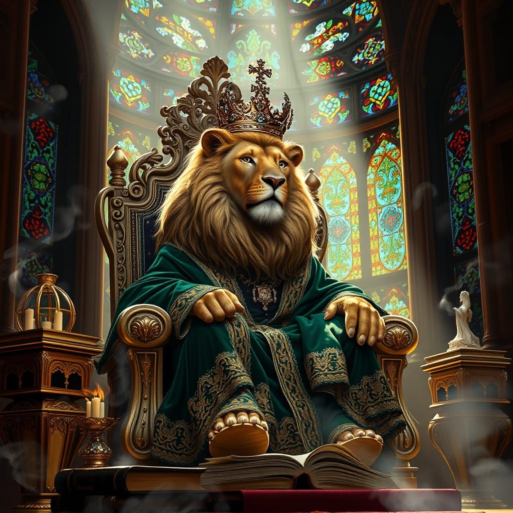 Regal Lion in Baroque Velvet Robes and Ivory Throne