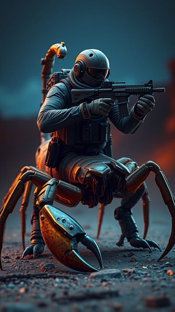 Scorpion-Human Hybrid Soldier in a Neon Desert