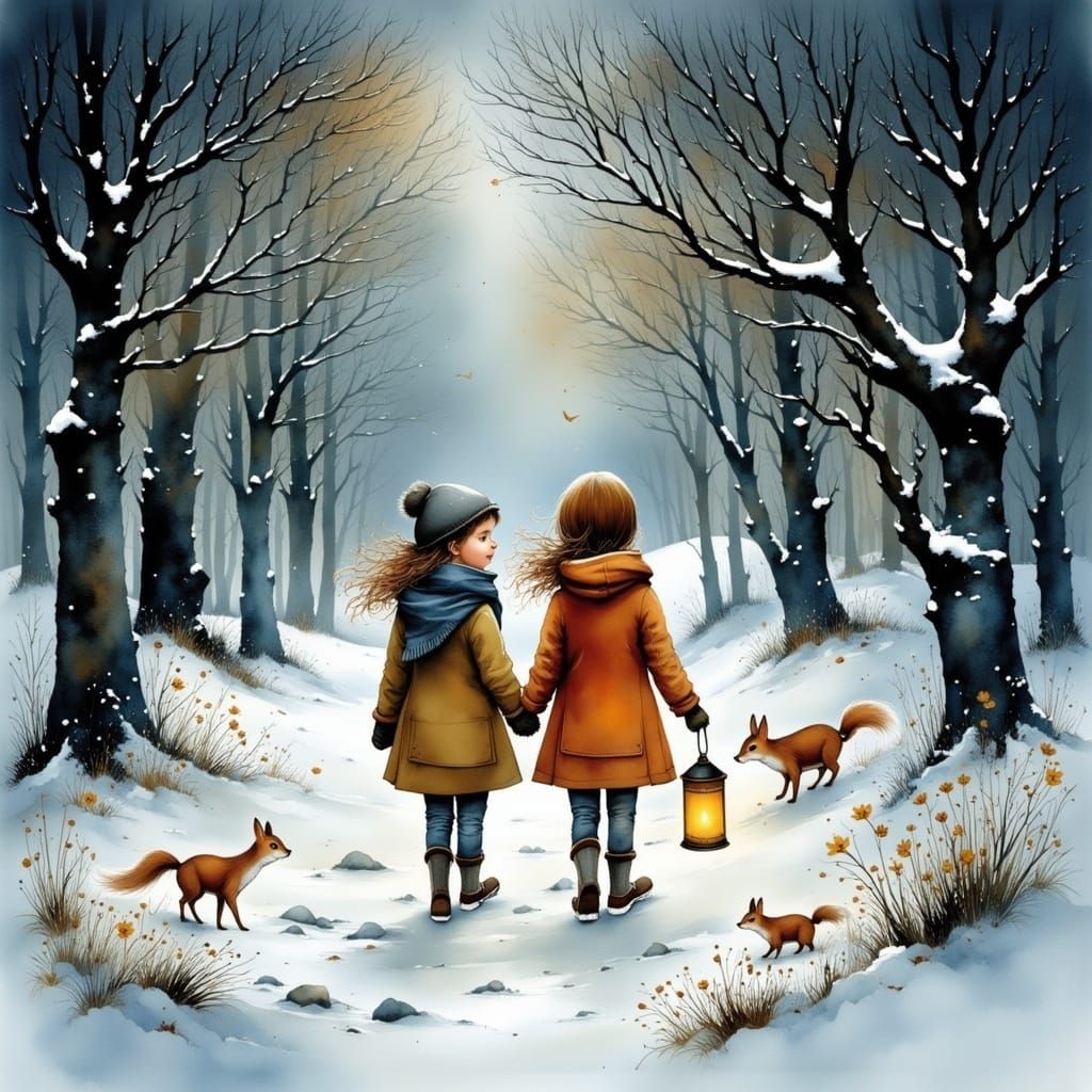 Girls in Winter Forest: Whimsical Illustration