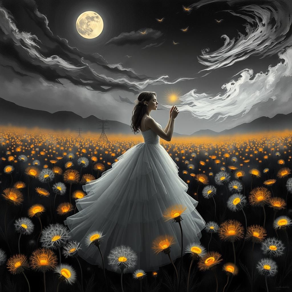 Halloween Dreamscape: Woman, Dandelions, and Surreal Art