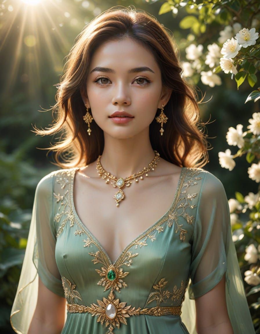 Radiant Woman in Flowing Silk Gown: Hyperrealistic Portrait