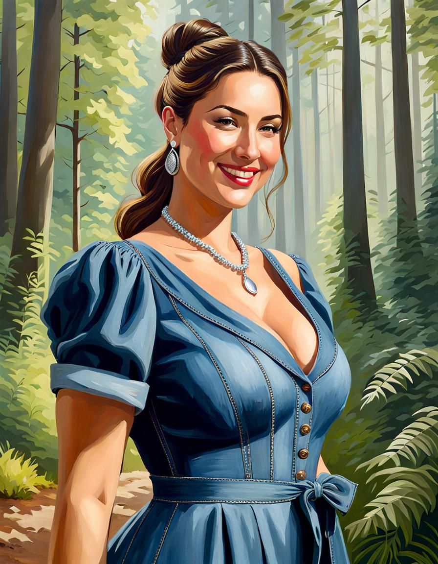 Elegant Woman in Forest, as Oil Painting