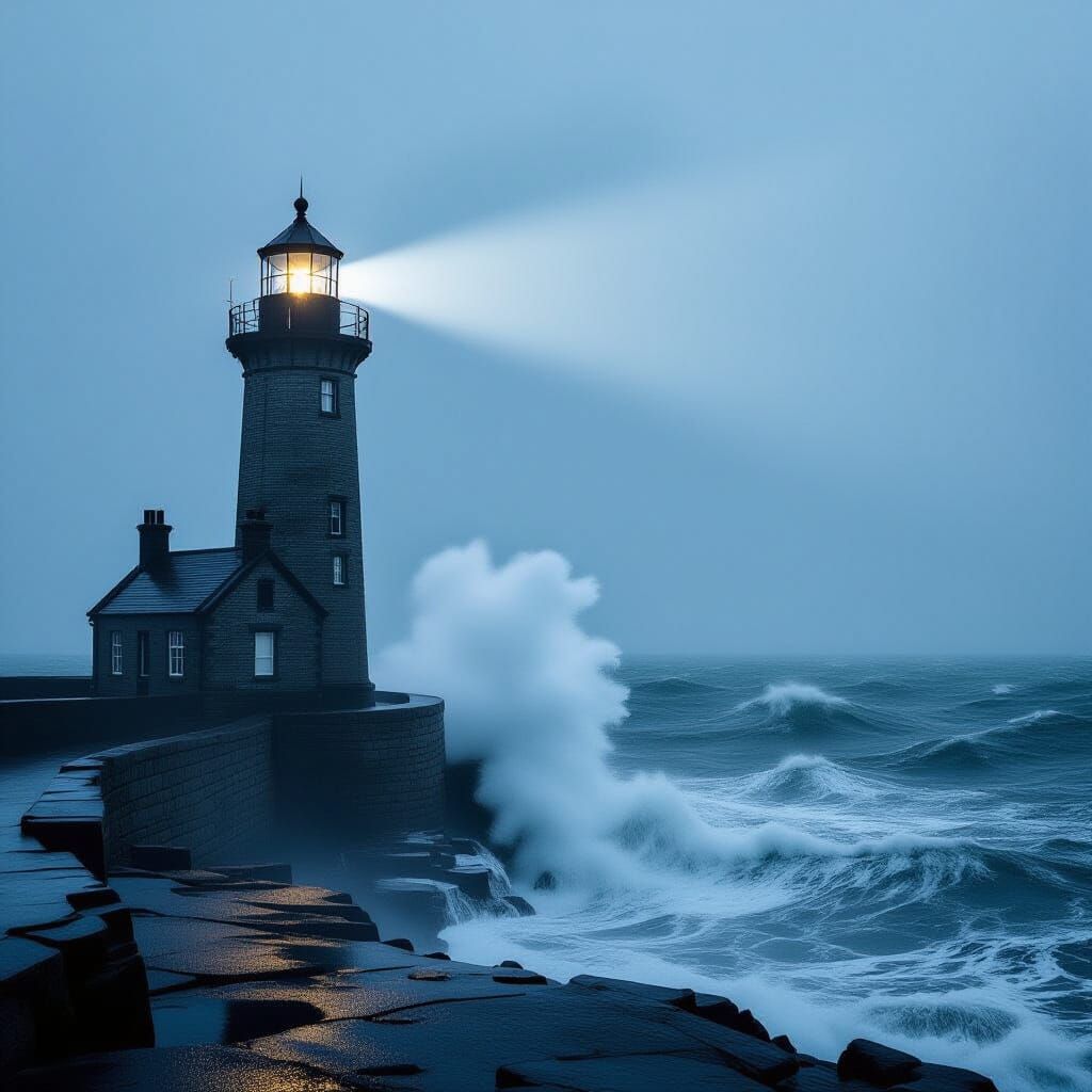 Solitary Lighthouse in Stormy Seas with Dramatic Ship Light