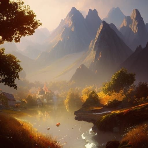 Small mountain village, pollen floating in the air