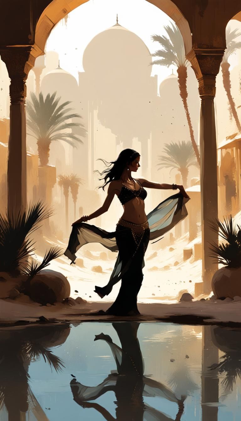 Belly Dancer in Desert Oasis Silhouette Art