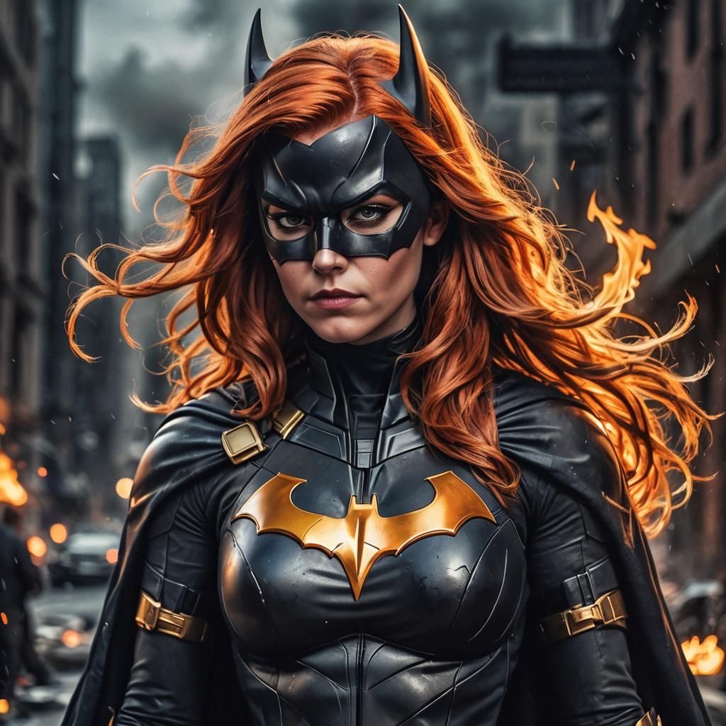 Hyperrealistic Batgirl Portrait with Flaming Hair