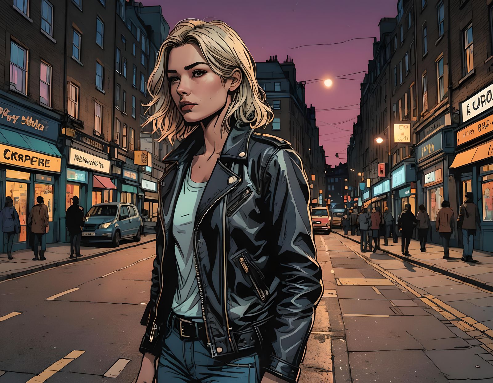 A european comic style hand drawn cartoon of a hot girl standing in London