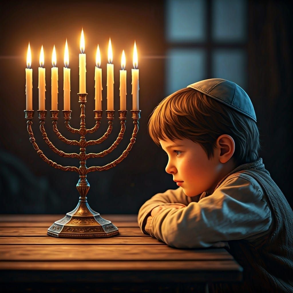 Jewish Boy Sits with Hanukkah Menorah in Intimate Portrait