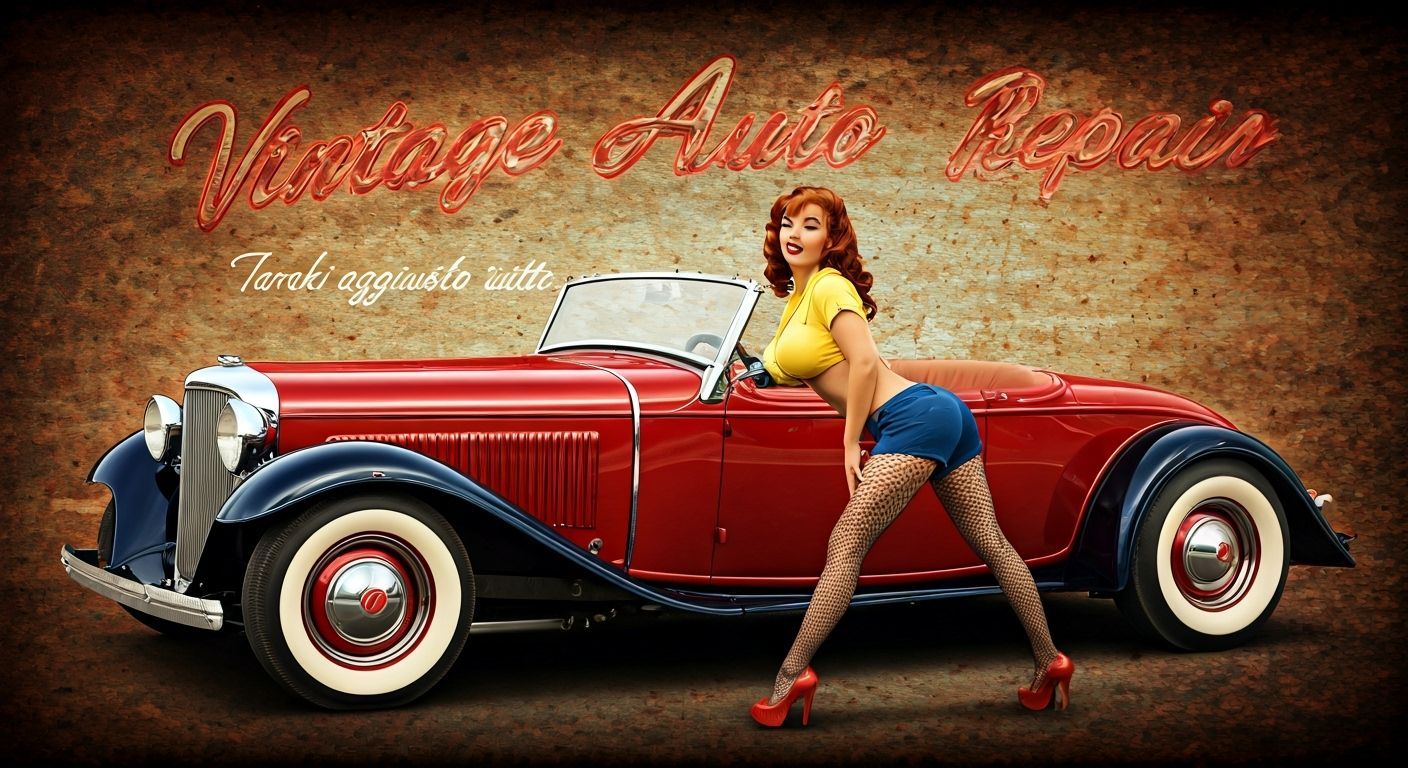 Pin-Up Girl Posing with Classic Red Roadster