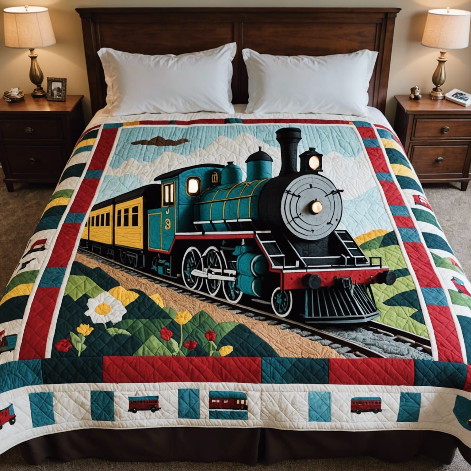 Train Scene Quilt on Bed