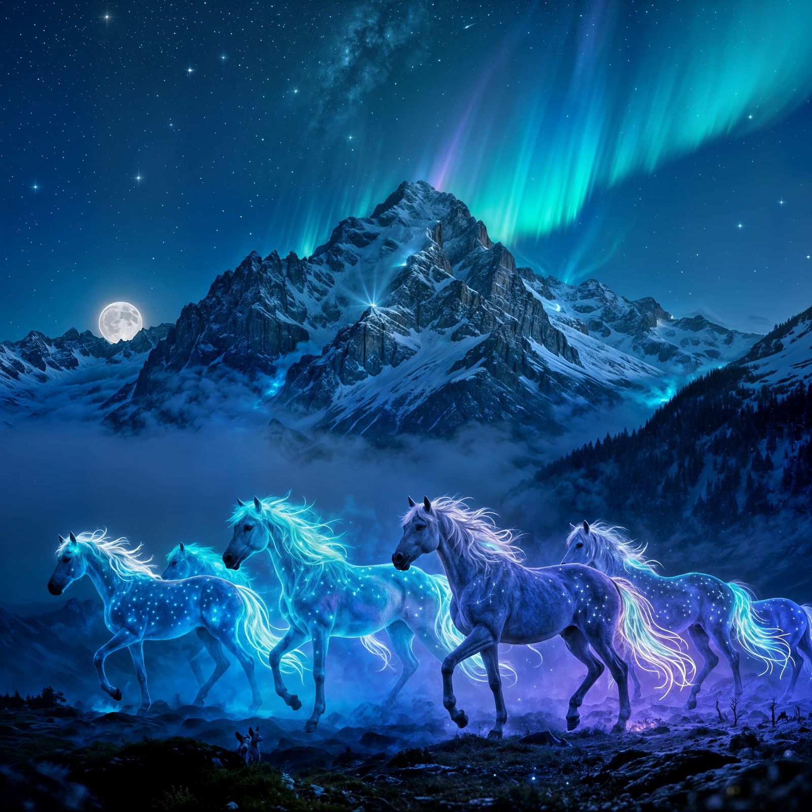 Bioluminescent Horses in Moonlit Alps