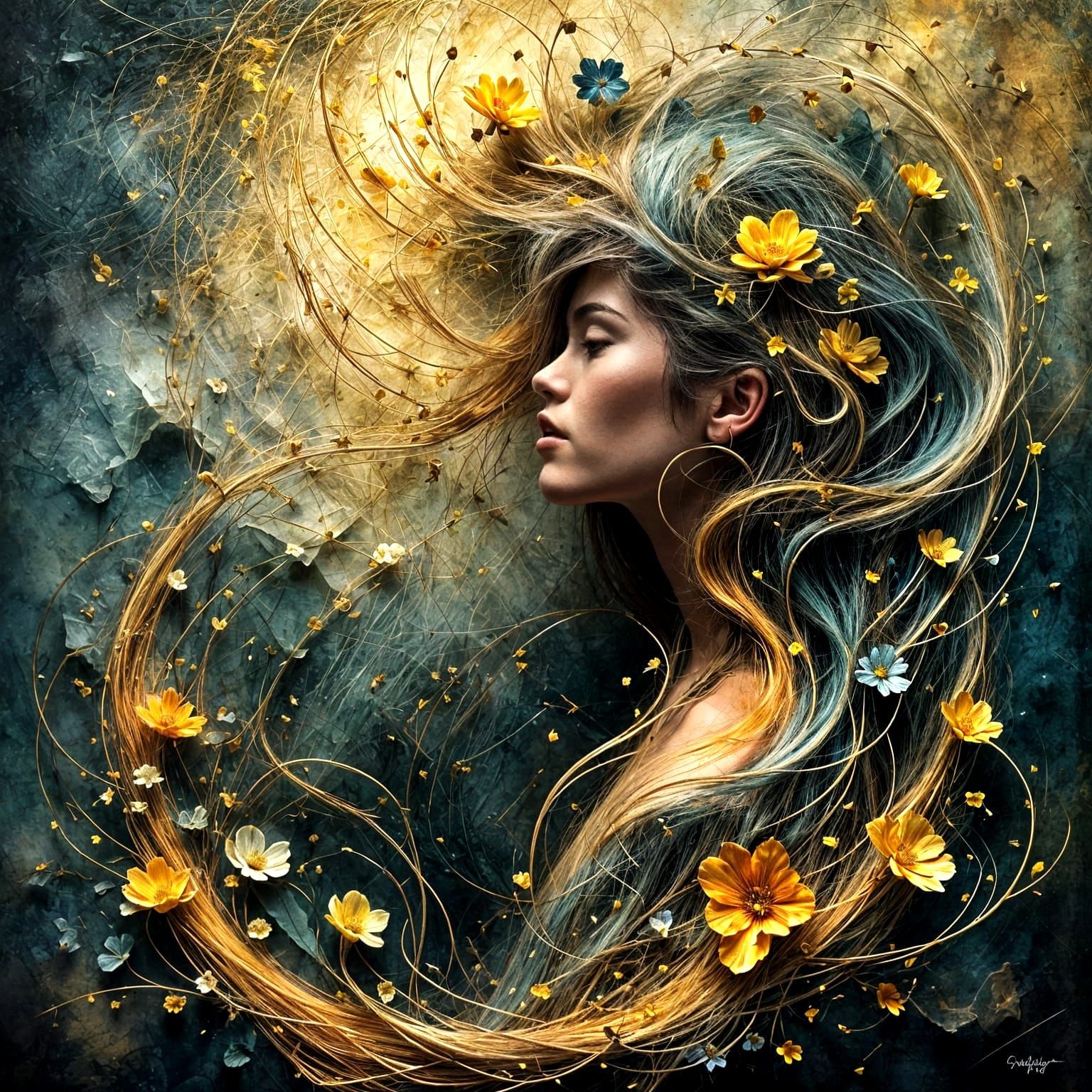 Dreamscape Portrait with Floral and Musical Elements