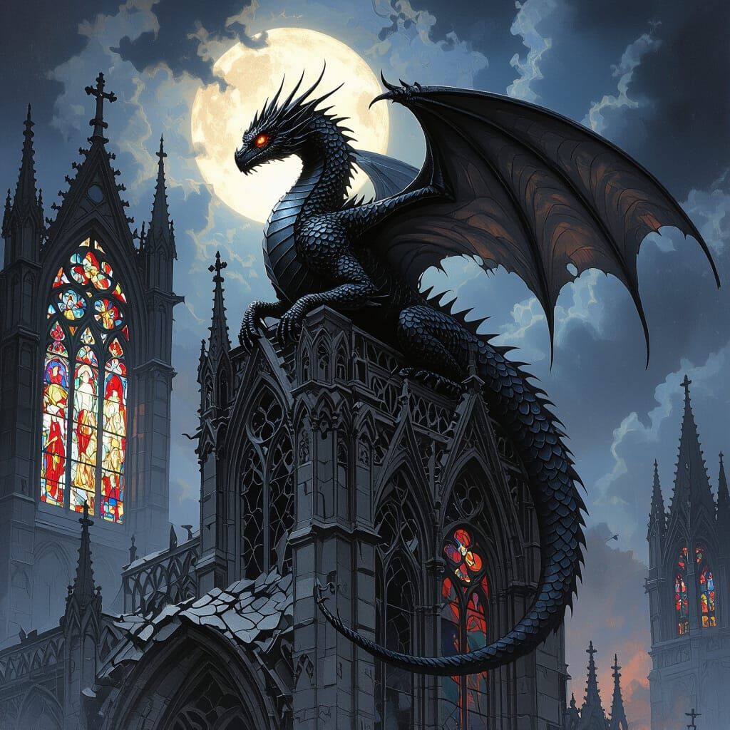 Ancient Dragon on Gothic Cathedral in Moonlight