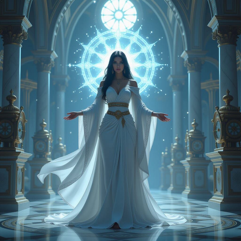 Goddess of Time in Mystical Castle, Digital Art