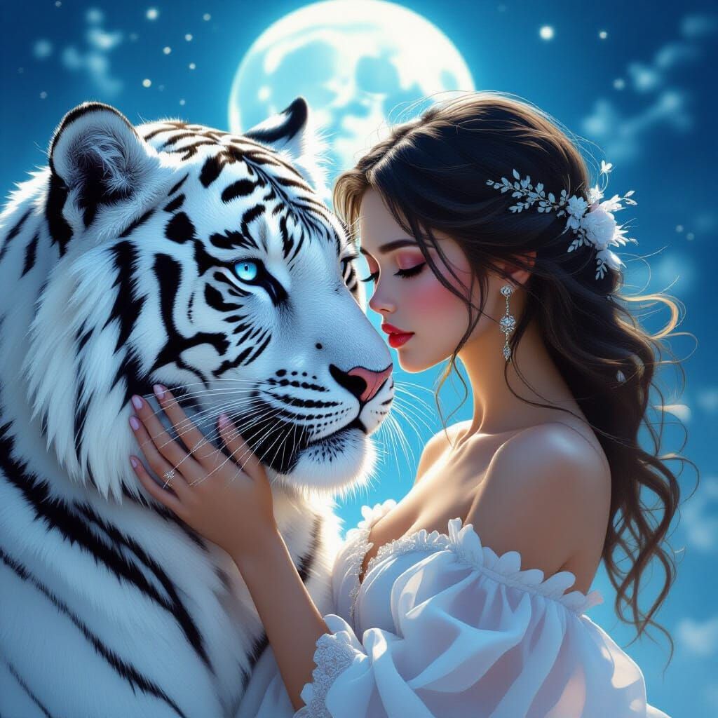 Girl and White Tiger in Dreamy Realism