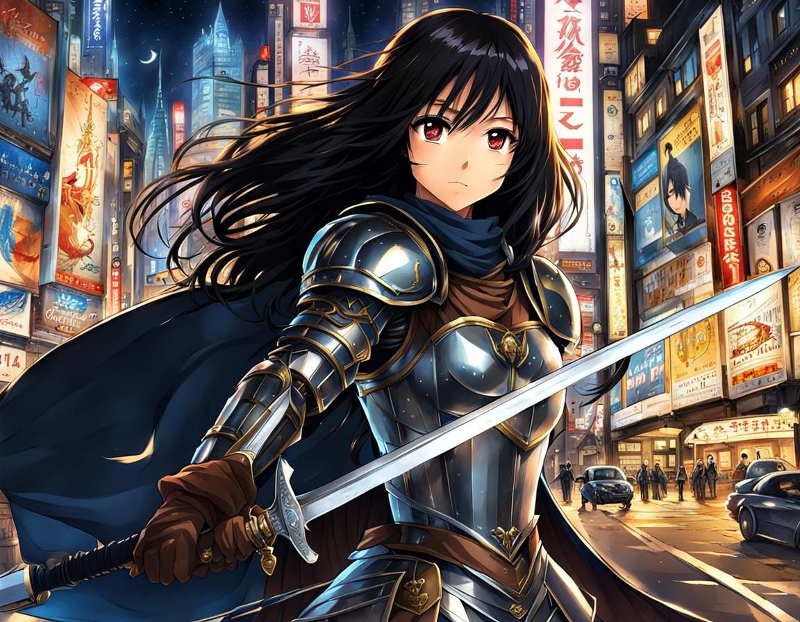 Anime Knight in a Futuristic Cityscape