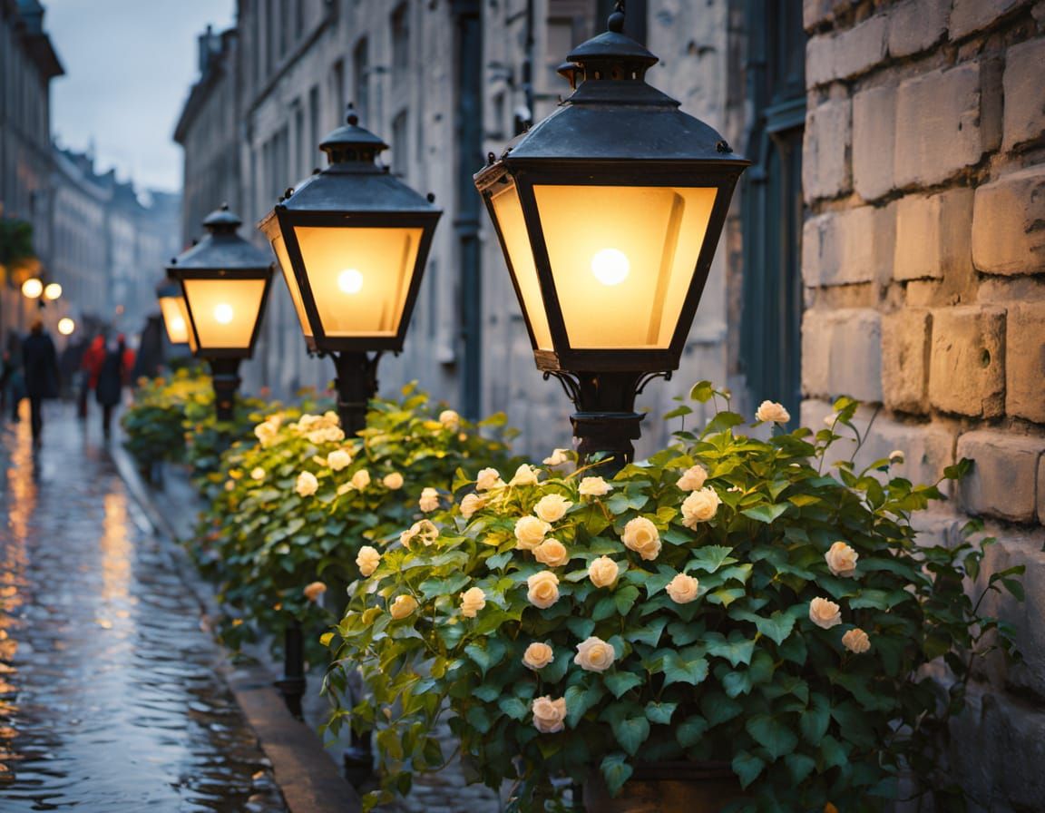 Impressionistic Cobblestone Street Scene with Golden Light