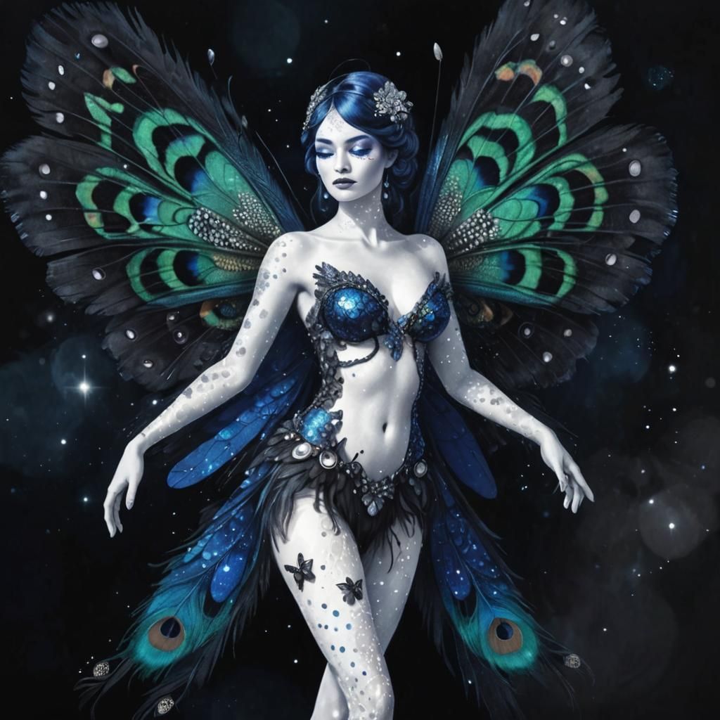 Butterfly Woman with Peacock Feathers, Holographic Illustrat...