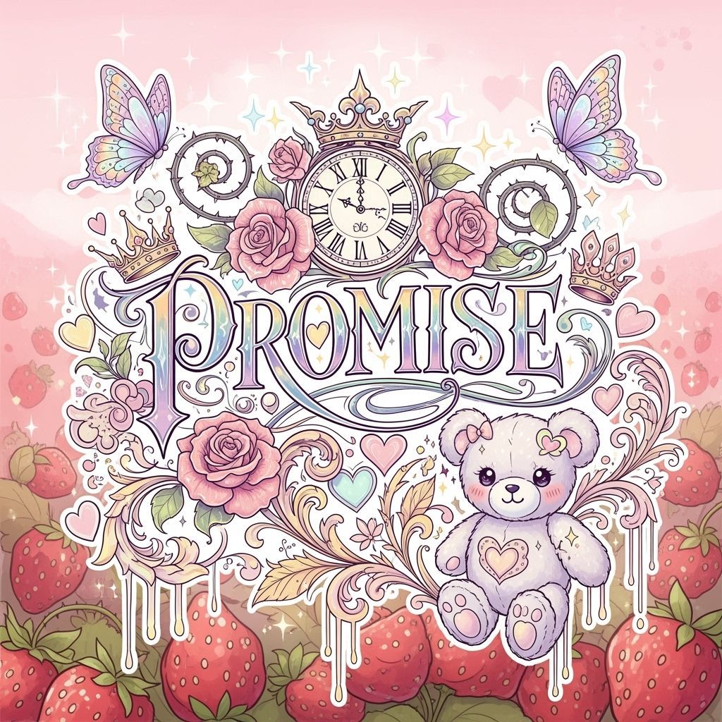 Whimsical Strawberry Field with Gothic Calligraphy "Promise"