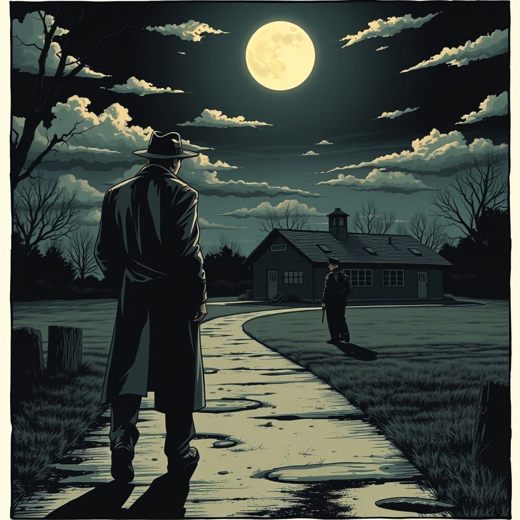 Noir Detective Approaching Army Barracks in the Night