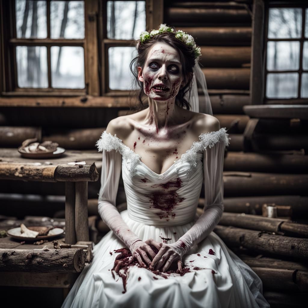 Decaying Zombie Bride in Ruined Cabin
