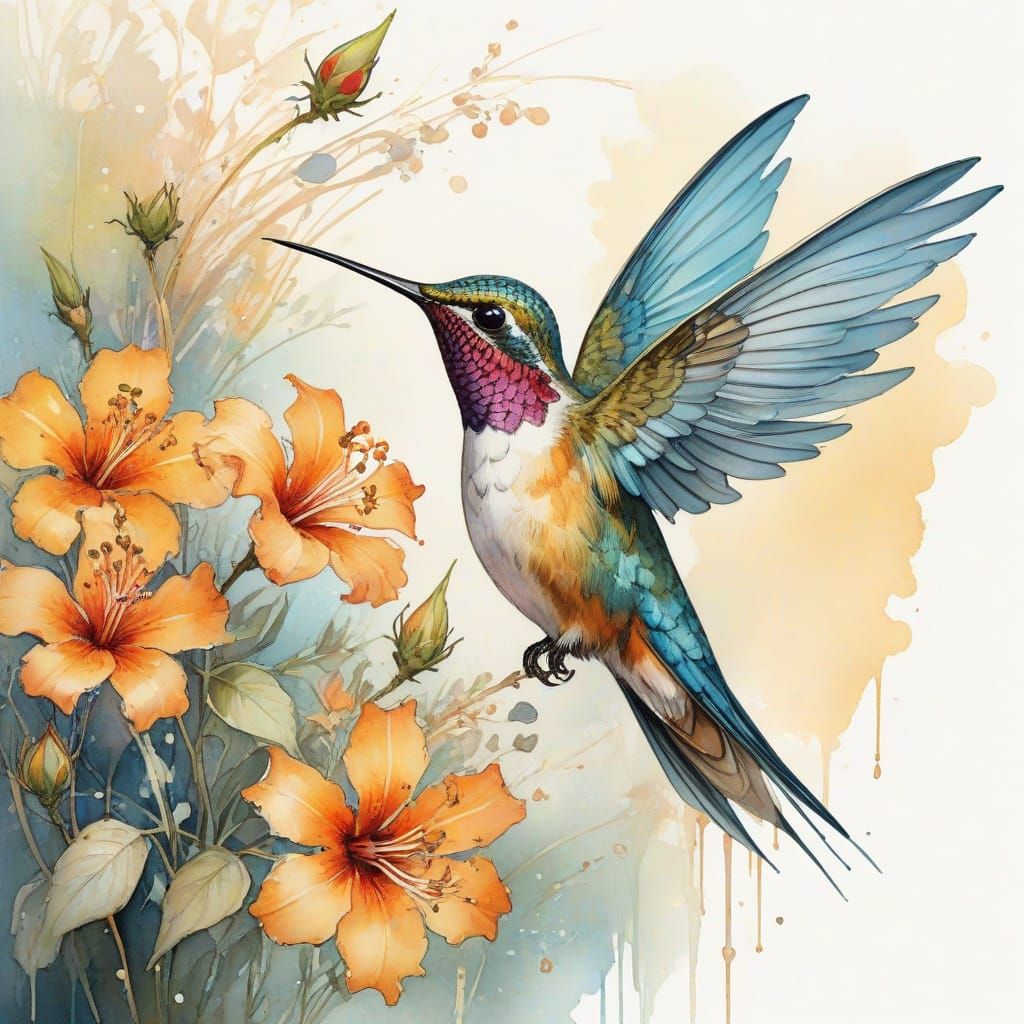 Whimsical Watercolor Hummingbird in Tropical Bloom