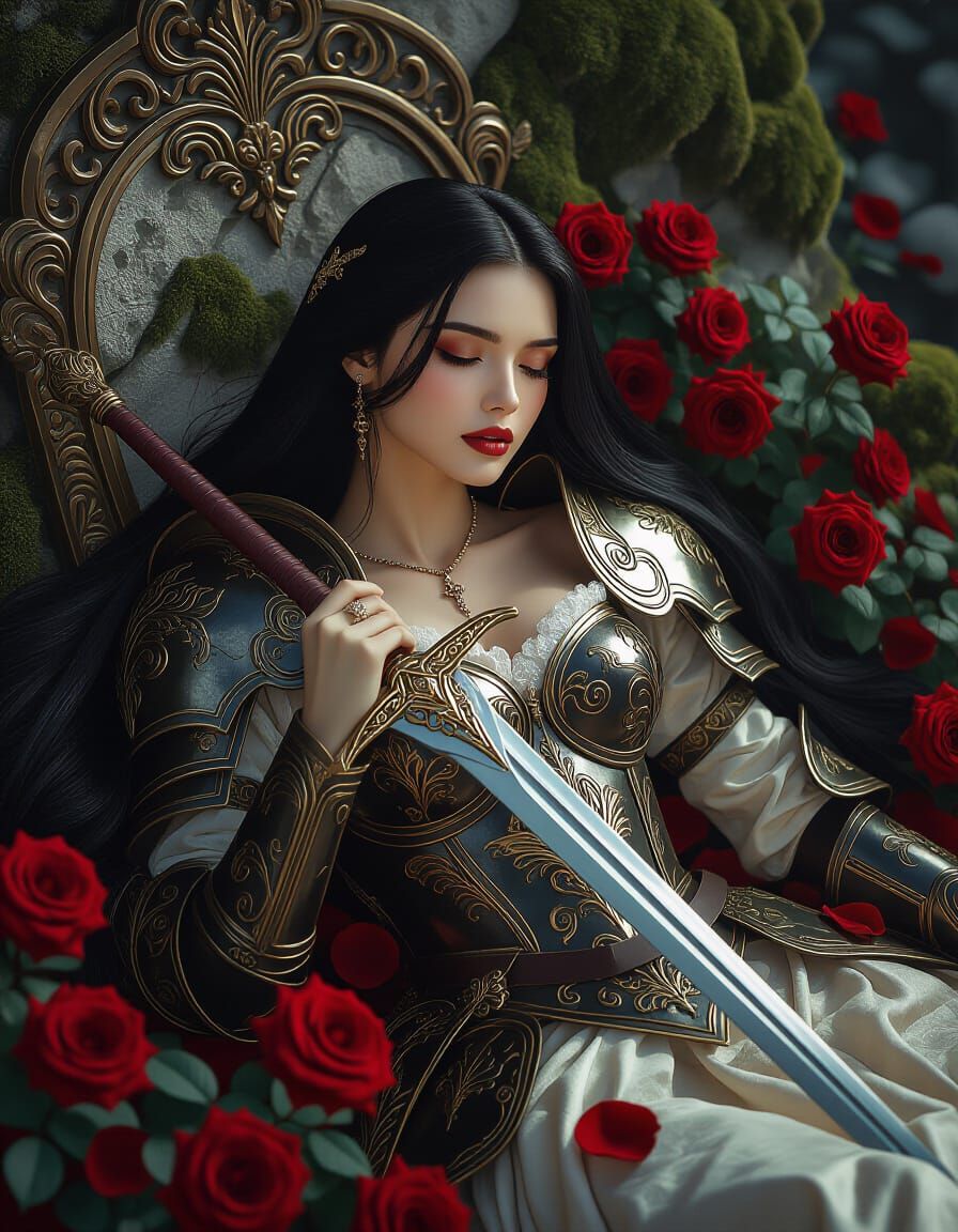 Dark Fantasy Woman in Armor with Sword and Roses