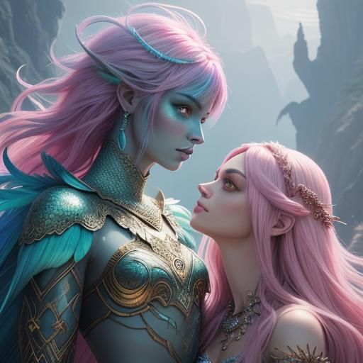 Fantasy Women with Iridescent Peacock Feather Hair