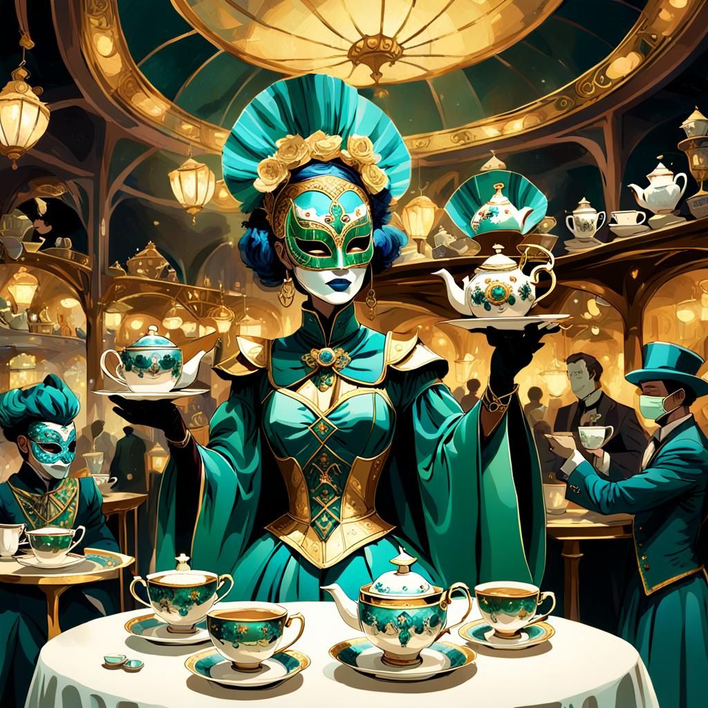Masquerade Ball in a Tea Set, Fantasy Art