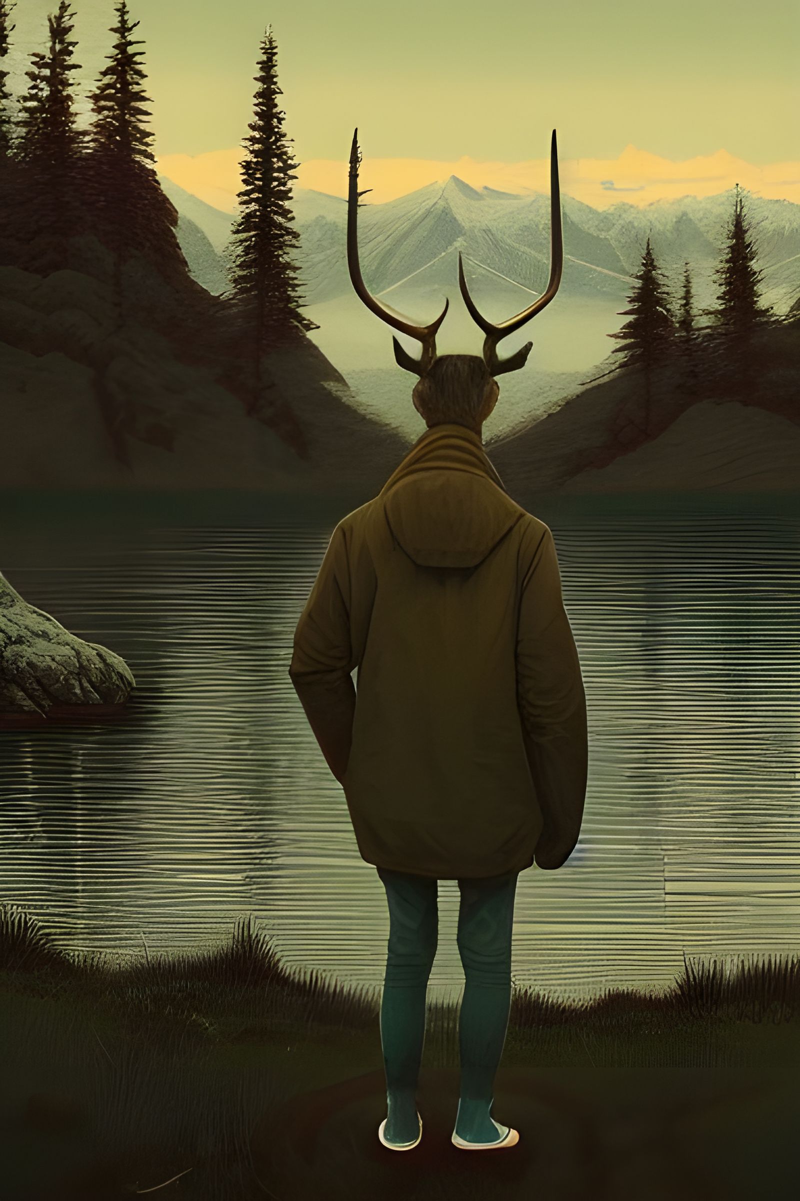 Person with Antlers by Lake: Digital Illustration