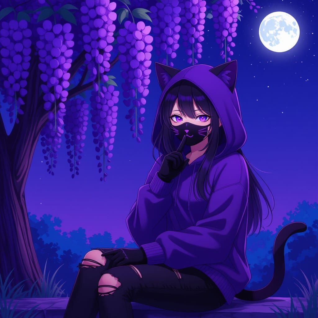 Girl in Purple Hoodie Under Wisteria Tree, Anime Style
