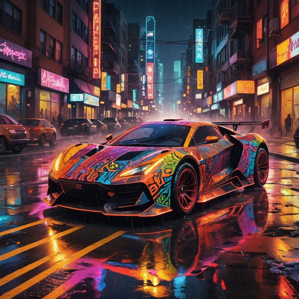 Futuristic Race Car Speeds Through Neon City Street