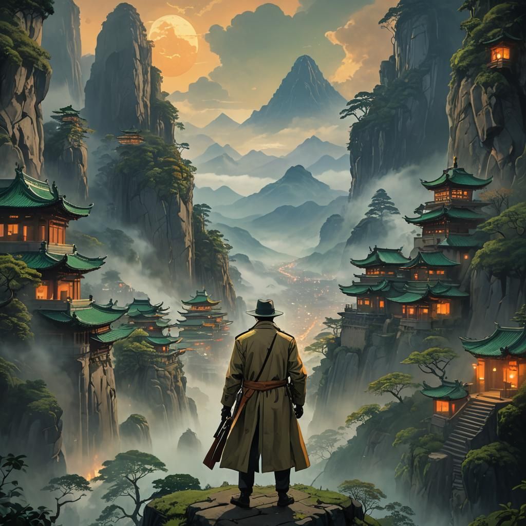 Hitman in Asian Mountains, Ghibli-Inspired Matte Painting