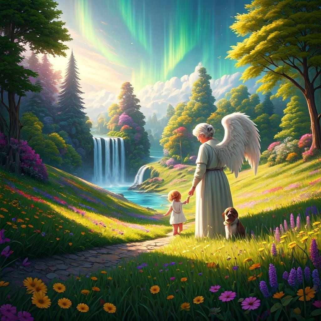 Angels and Puppy at Rainbow Bridge in Dreamlike Style