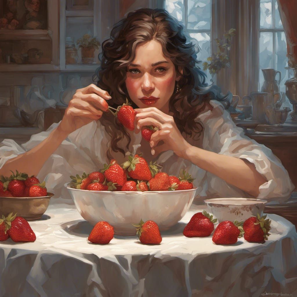 Woman with Strawberries and Cream, Hyperdetailed Portrait