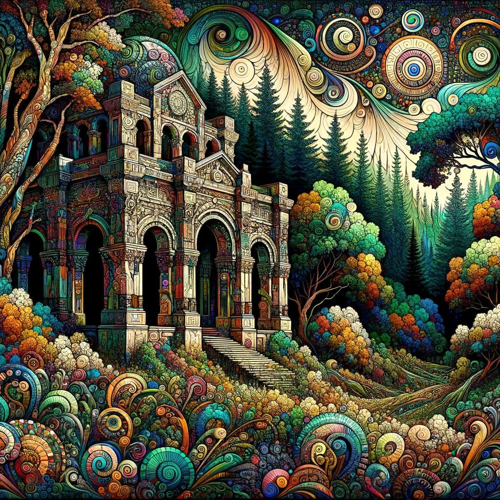 Surreal Pop Art Ruins in Forest, Impasto Zentangle Style