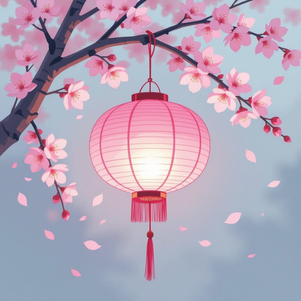 Pink Chinese Lantern on Cherry Blossom Tree