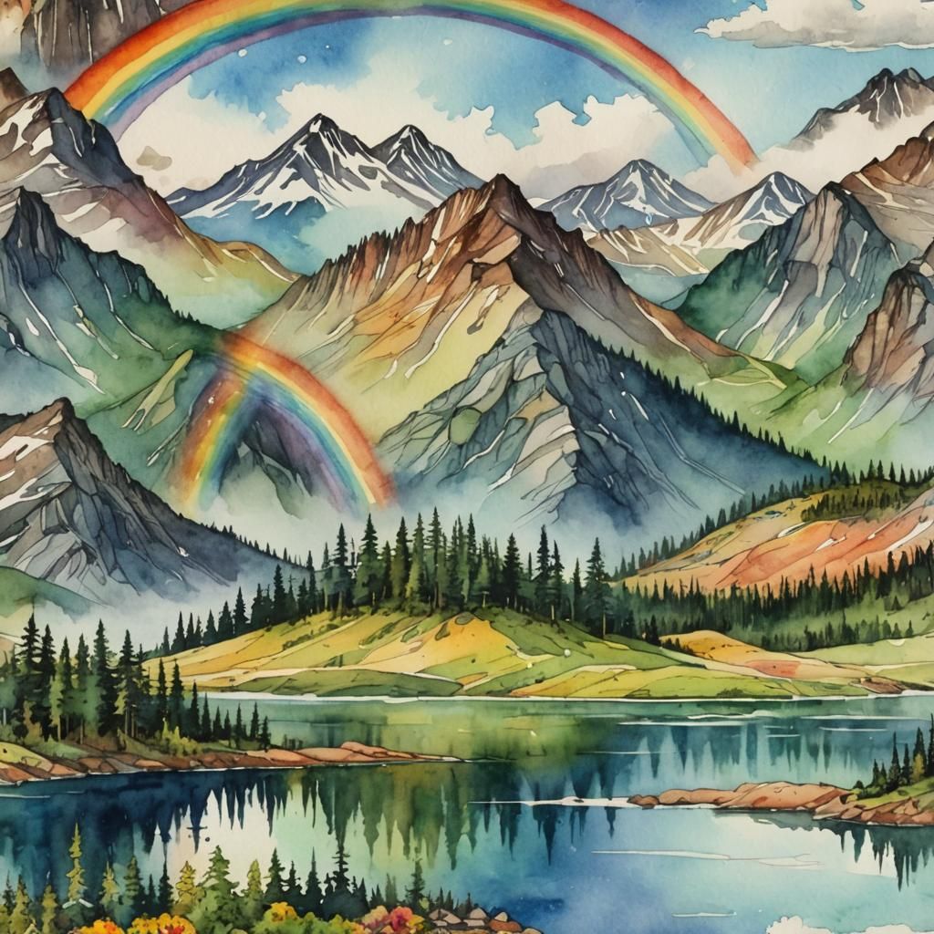 Watercolor Rainbow Over Mountain Lake
