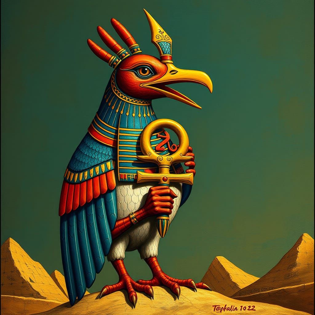 Bennu Bird Grasping Egyptian Ankh of Eternity