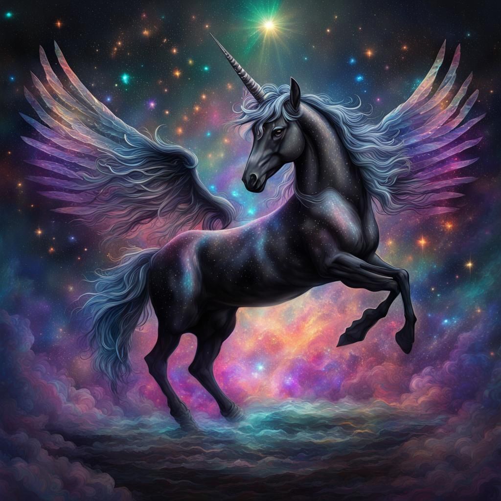 Winged Black Unicorn in Astral Cosmic Style