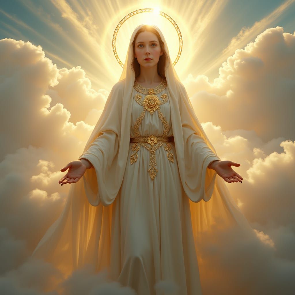 Ethereal Blessed Mary in Golden Halo Amidst Whimsical Clouds