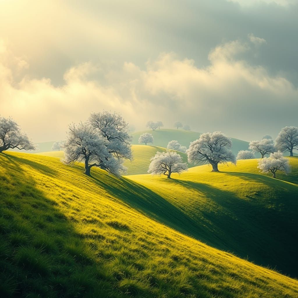 Idyllic Spring Landscape in Whimsical, Dreamy Style